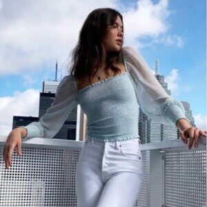 Aritzia Light Blue Smocked Blouse